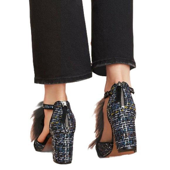 Anthropologie Bettye Muller women 9 Blue T strap Tweed Block Heel Pumps - Picture 9 of 9